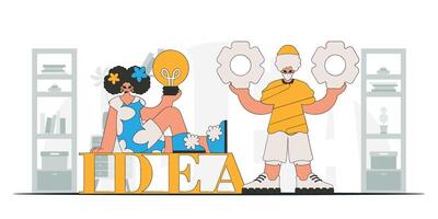 A chic team solves problems and generates ideas. Light bulb and gears in their hands. Idea theme. Retro trendy style. vector