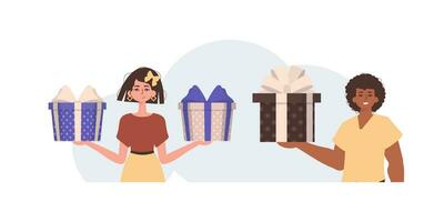 The guy and the girl are holding gifts in their hands. Gift concept for christmas or new year. vector