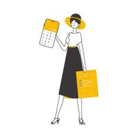 The girl is holding a calculator and a tax form in her hands. Linear trendy style. Isolated. Vector illustration.