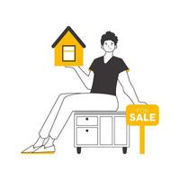 Male realtor. Minimalistic linear style. Isolated. Vector illustration.