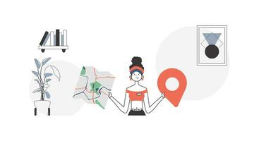 The girl is holding a map. Delivery concept. Linear trendy style. vector