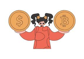 A woman holds a dollar and a bitcoin in her hands. Character trendy style. vector