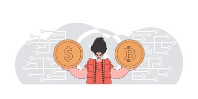 Man holding bitcoin and dollar. Cryptocurrency and fiat exchange theme. vector