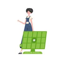 A woman is standing near a solar panel. Eco energy concept. Isolated. trendy style. Vector illustration.