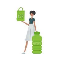 A woman holds an ECO BAG in her hands. The concept of ecology and care for the environment. Isolated. Trend style.Vector illustration. vector