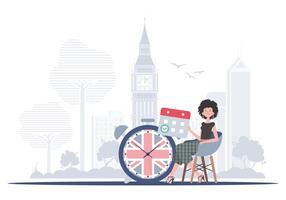 The concept of learning English. Woman holding a calendar with a marked date and a clock. Flat modern style. . vector