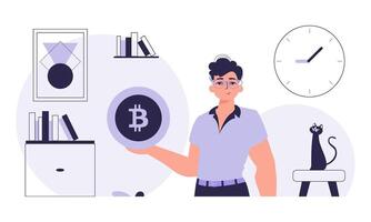 The concept of mining and extraction of bitcoin. A man holds a bitcoin coin in his hands. Character with a modern style. vector