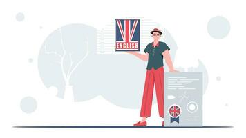 The concept of learning English. A man holds an English dictionary and a certificate in his hands. Trendy flat style. Vector illustration.