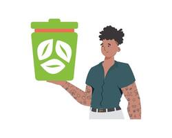 The guy is depicted to the waist and holds an urn in his hands. The concept of recycling and zero waste. Isolated. Trendy character style. Vetcor. vector