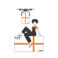 The girl sends a parcel with a drone. The concept of cargo delivery by air. Linear style. Isolated on white background. Vector illustration.