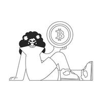 encantador mujer sostiene un bitcoin moneda en su manos. periódico negro y blanco estilo. vector