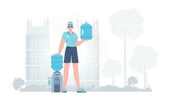 A man is holding a bottle of water. Delivery concept. The trendy character is depicted in full growth. Vector. vector
