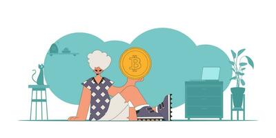 The guy is holding a bitcoin. Cryptocurrency theme. vector