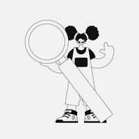 A unique woman holds in her hands a magnifying glass, a loupe. Linear black and white style. vector