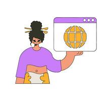 A bright and stylish illustration of a girl using a web browser. Marketing materials. vector