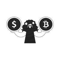 An attractive woman holds a bitcoin and dollar coin in her hands. Linear black and white style. vector