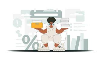 Trendy woman holds stacks of documents in her hands. Graphic illustration on the theme of tax payments. vector