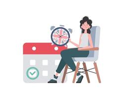 Girl, a calendar with a marked date and a clock. The concept of teaching English. Isolated. trendy style. . vector
