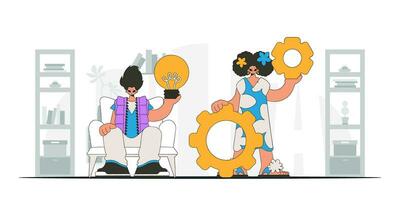 Attractive team solves problems and generates ideas. Light bulb and gears in their hands. Idea concept. trendy character. vector