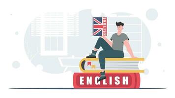 el concepto de aprendizaje inglés. un hombre se sienta en libros y sostiene un Inglés diccionario en su manos. de moda plano estilo. vector. vector