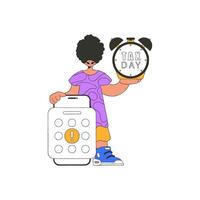 Fashion man with calendar and alarm clock. The topic of paying taxes. vector