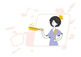 The girl the cook holds a frying pan. Linear style. vector