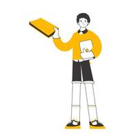 The guy holds a book and a laptop in his hands. Line art style. Isolated on white background. . vector