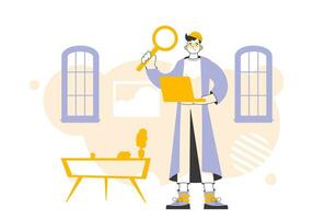 A man holds a magnifying glass and a laptop in his hands. Job Search Theme. H.R. Linear style. vector