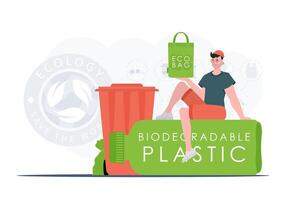 Concept of green world and ecology. A man sits on a bottle made of biodegradable plastic and holds an ECO BAG in his hands. Fashion trend vector illustration.