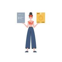 A woman courier is holding a parcel and a check. Home products. Food delivery. Isolated. Trendy flat style. Vector. vector