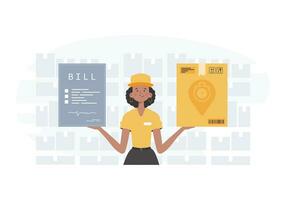 Home delivery concept. A woman courier is holding a box and a check. Cartoon style. Vector. vector