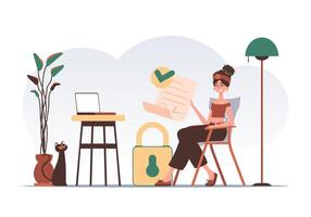 Data protection concept. Smart contract. The girl sits in a chair and holds a document in her hands. Modern style character. vector