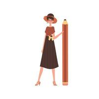 The woman is holding a pencil. Trend style character. vector