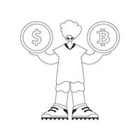 A stunning man is holding a bitcoin and dollar coin. Newspaper black and white style. vector