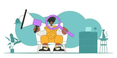 Stylized vector illustration of a HR representative. A young man sits in a chair and holds a megaphone in his hand.