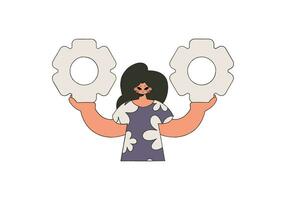 Handsome woman holding gears. Idea theme. vector