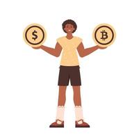 A man holds a bitcoin and a dollar in his hands. Character in trendy style. vector