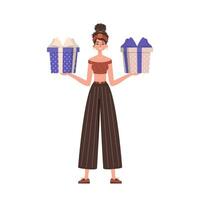The girl is holding a gift. Modern flat vector illustration.