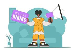 The theme is Human Resource. A guy with a megaphone, symbolizing the search for people in the labor market. vector