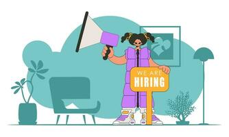 The theme is Human Resource. Girl with a megaphone. labor market. vector