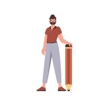 el hombre es participación un grande lápiz. tendencia estilo personaje. vector