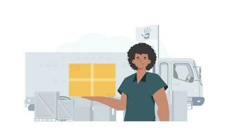 The man is holding a parcel. Camp with humanitarian aid. trendy style. Vector illustration.