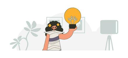 Fashionable girl holding a light bulb. Illustration on the theme of the appearance of an idea. vector