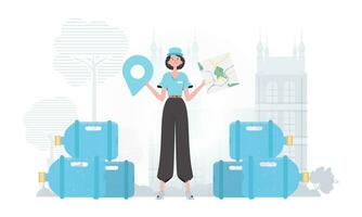Girl water delivery operator holding a map. The trendy character is depicted in full growth. Vector. vector