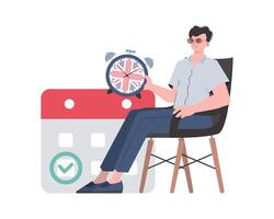 A man, a calendar with a marked date and a clock. The concept of learning English. Isolated. trendy style. Vector illustration.