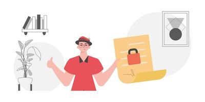 Data protection concept. Smart contract. The man is holding a document. vector