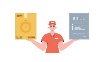 The male courier is holding a box and a check. Home products. Food delivery. Isolated. Trendy flat style. Vector. vector