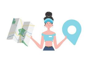 The girl is holding a map. The trendy character is depicted to the waist. Isolated. Vector illustration.