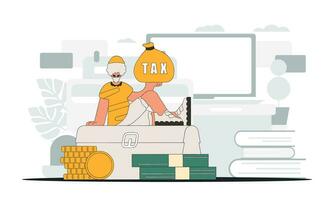 A fashionable man holds a bag of taxes in his hand. Graphic illustration on the theme of tax payments. vector