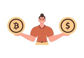 The guy holds a coin of bitcoin and dollar in his hands. Character with a modern style. vector